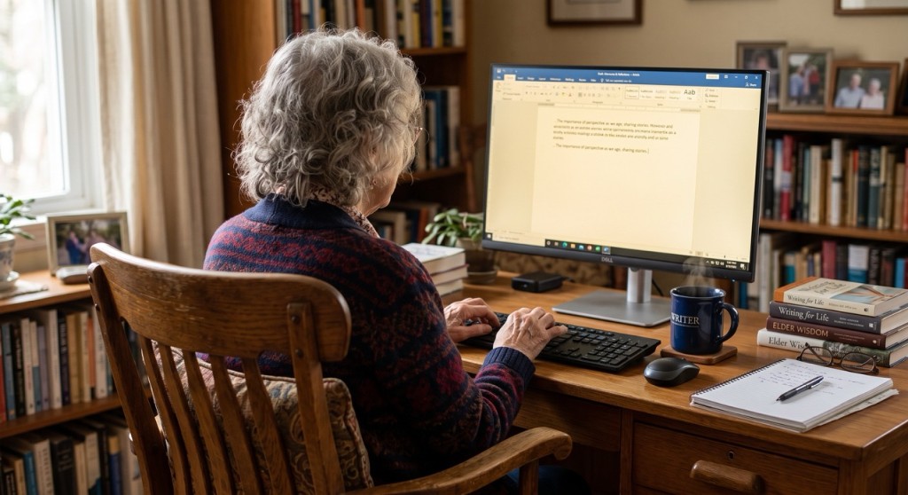 An older writer working at a computer in a home office.