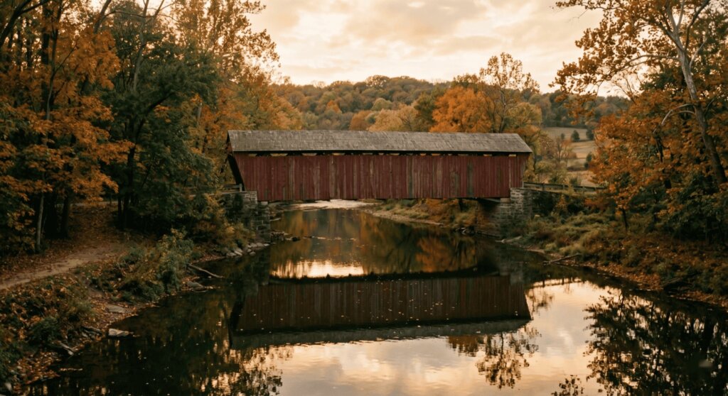 A covered bridge over a slow creek surrounded by autumn foliage.