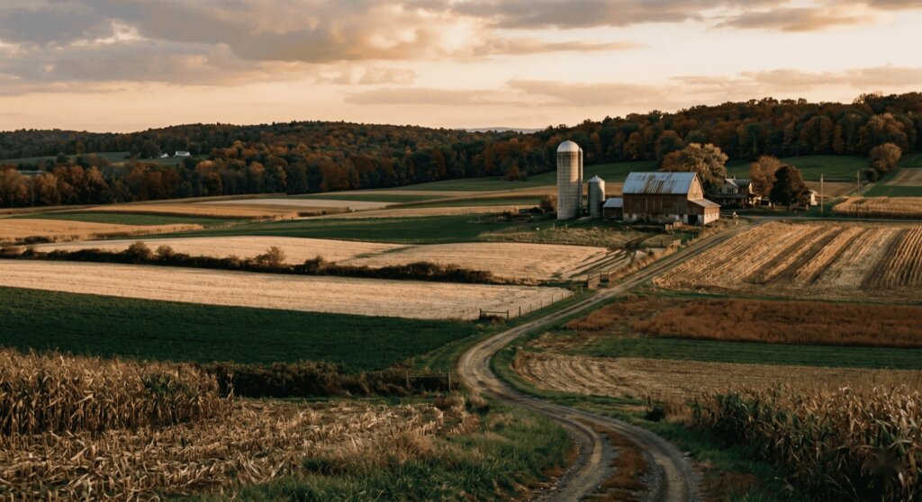 Patchwork farm fields and silos at sunset in Lancaster County.