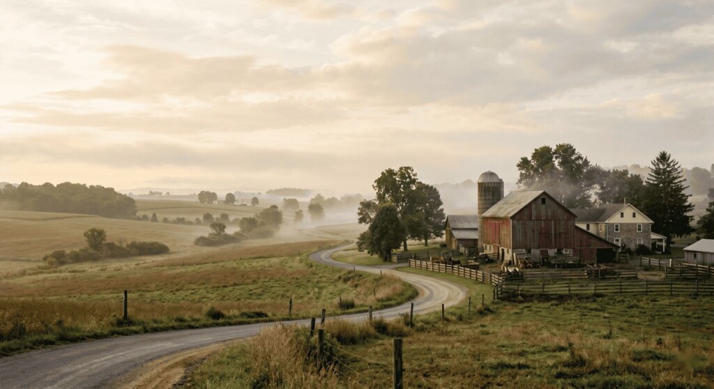 A country road winding past a red barn in morning mist, Lancaster County.