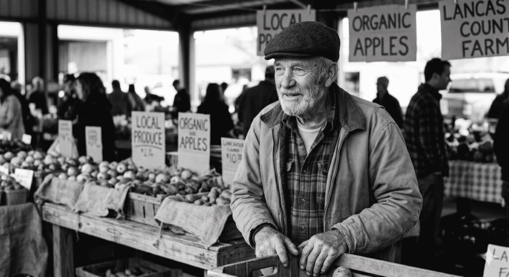 Black-and-white portrait of an elderly farmer at a market stall.