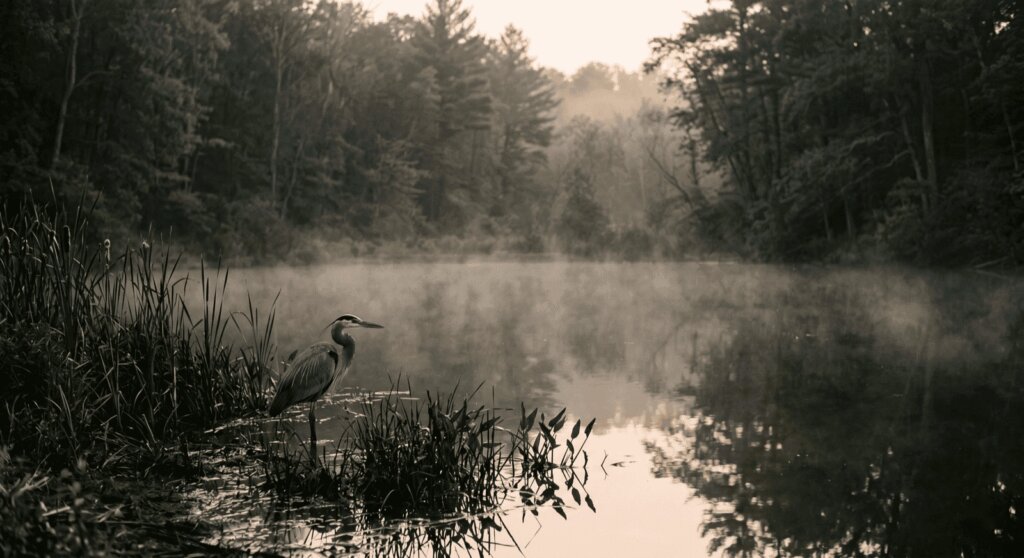 A great blue heron at the edge of a still, misty pond at dawn.