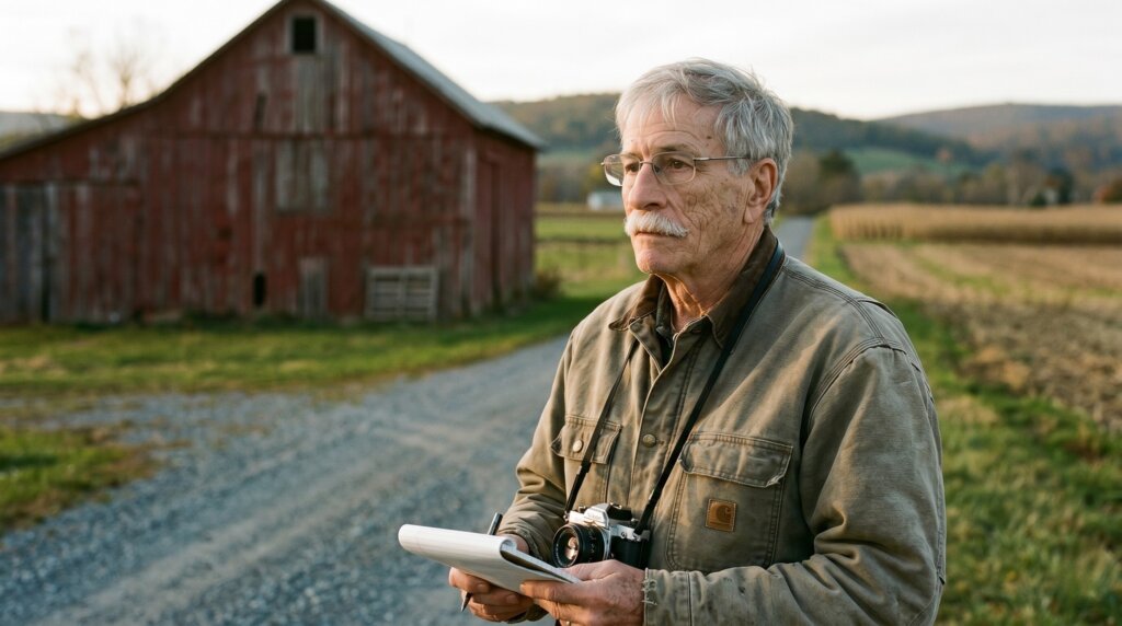 Dick Wanner holding a notebook in front of a red barn