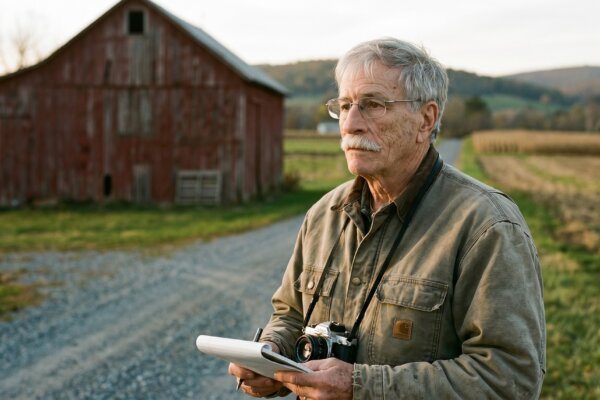 Dick Wanner holding a notebook in front of a red barn